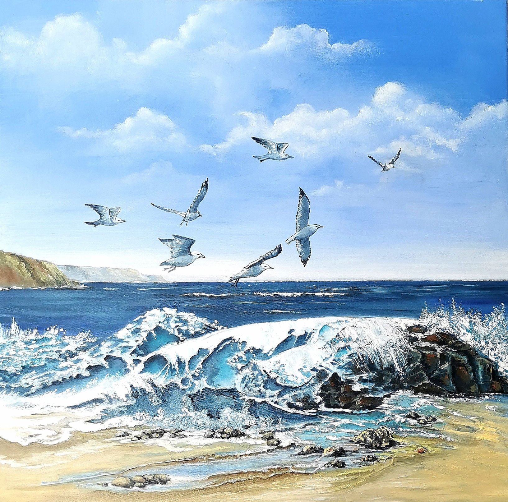 Paysage de bord de mer breton avec vague et envolée de mouettes, artiste V. Le Gallou