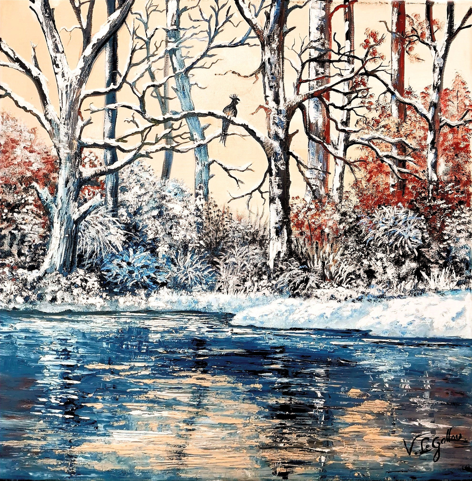 Peinture de paysage d'arbres enneigés au bord de l'eau par l'artiste peintre Violette Le Gallou -France