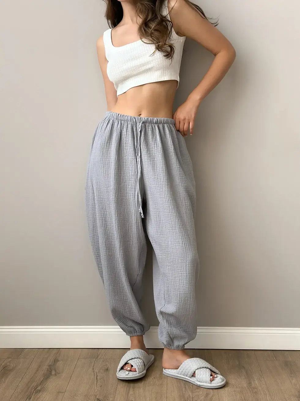 Прев'ю: Штани Моно Шаровари муслін сірий 2-шаровий