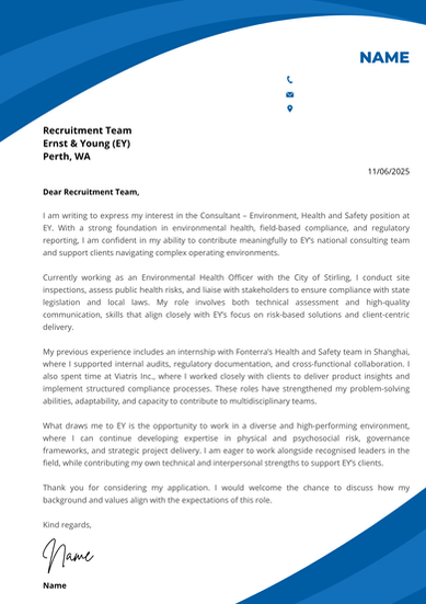 Professional cover letter tailored to a specific job application and employer requirements.