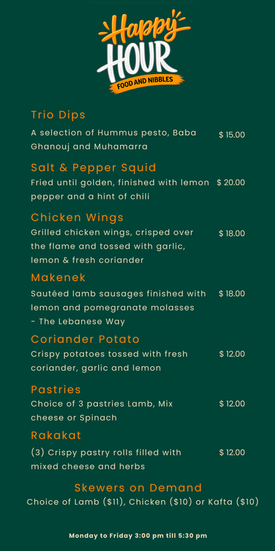 Happy hour promotional menu featuring drink specials and pricing.