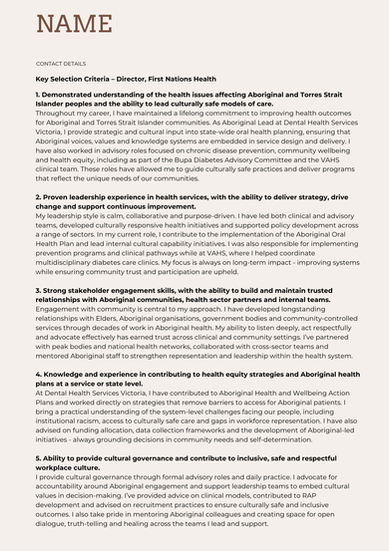 Selection criteria response prepared for government and professional applications.