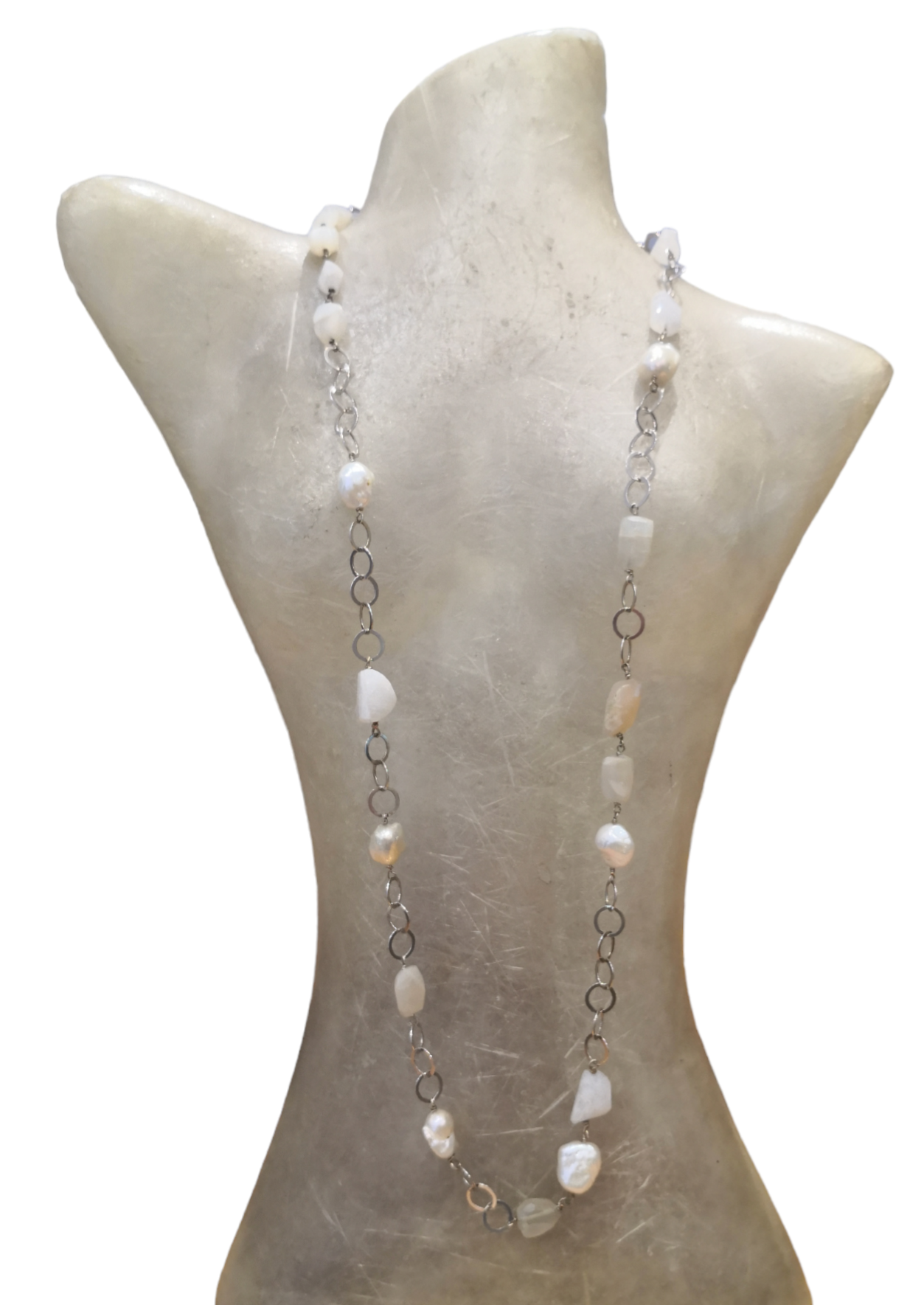 Collana lunga in pietre naturali, perle d'acqua dolce e argento