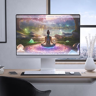 PC in einem minimalistischen Büro mit einer spirituellen Website auf dem Bildschirm – Symbol für holistisches Webdesign und die Erstellung authentischer Homepages für Medialität, Heilerinnen, Coaches und spirituelle Unternehmerinnen