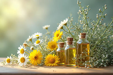 Verschiedene Blumen wie Margeriten neben Phytotherapeutischen Fläschchen um Naturheilkunde zu illustrieren