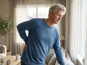 Ein Mann hält sich mit schmerzverzerrtem Gesicht den unteren Rücken – Symbol für körperliche Warnsignale wie Verspannungen und die Notwendigkeit, innezuhalten.