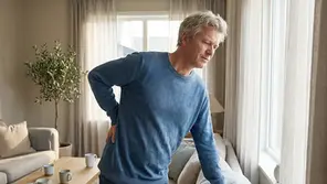 Ein Mann hält sich mit schmerzverzerrtem Gesicht den unteren Rücken – Symbol für körperliche Warnsignale wie Verspannungen und die Notwendigkeit, innezuhalten.