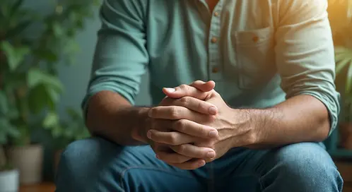 Ein sitzender Mann mit einem türkisen Hemd in einem Sportpsychologischen Trainercoaching