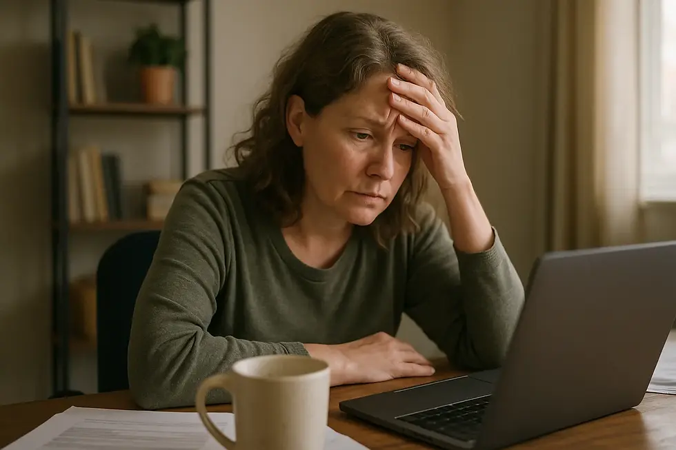Eine gestresste Frau sitzt vor ihrem Laptop – die typische Frustration, wenn man versucht, sein Webdesign mühsam selbst zu machen
