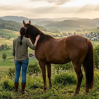 Eine Frau steht vertraut mit der Hand auf dem Hals neben einem braunen Pferd in einer grünen Hügellandschaft, Sinnbild für ganzheitliche Barhufpflege und fairen Umgang mit dem Tier