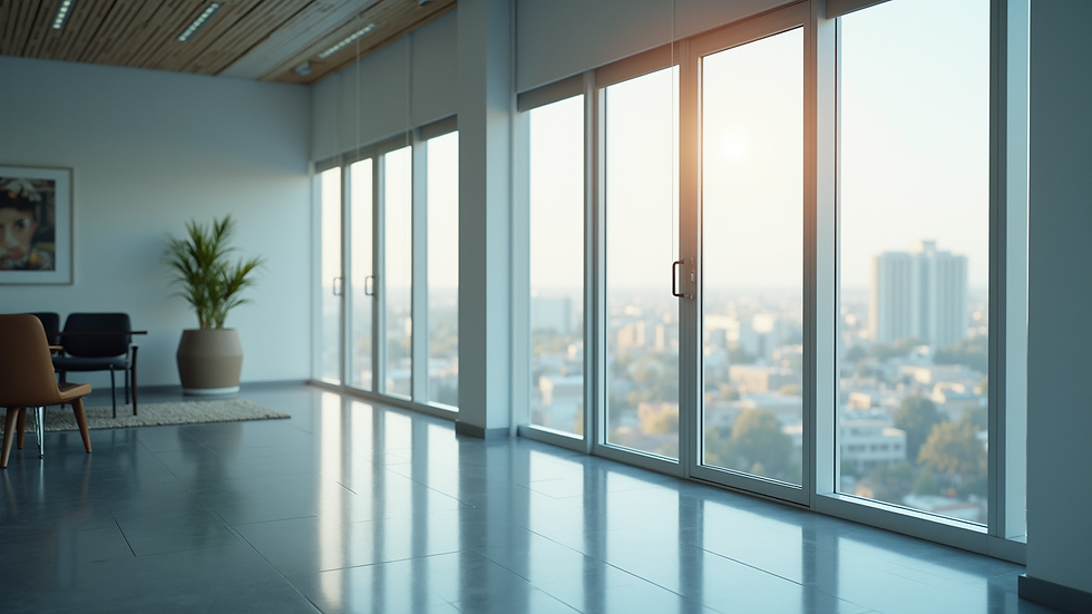 High angle view of a modern room with smart glass windows and automated blinds