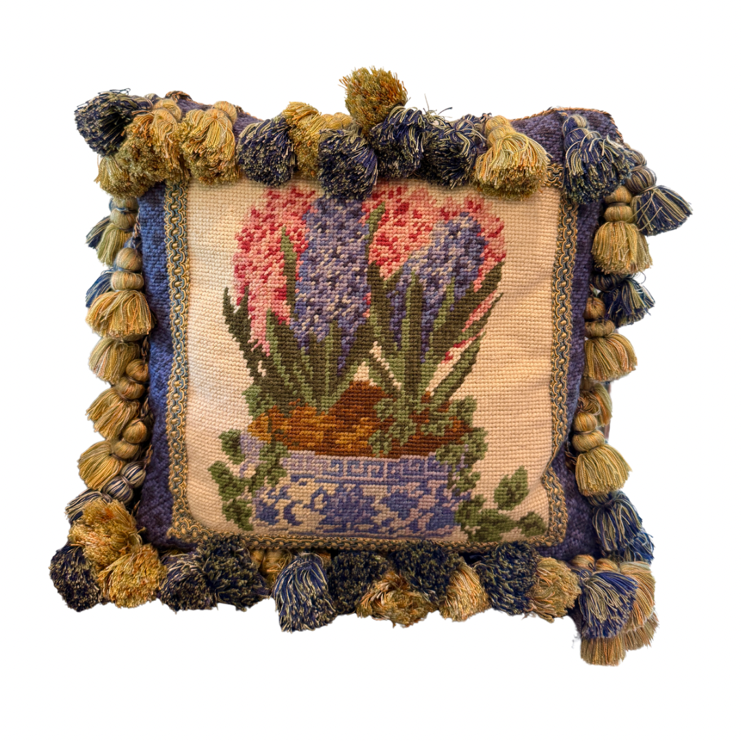 Vintage hyacinth needlepoint pillow