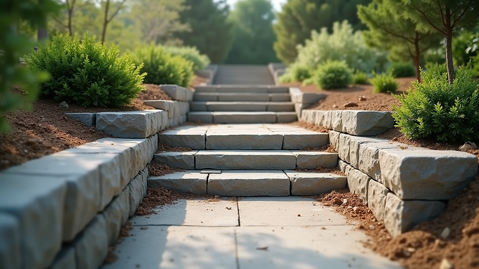 Eye-level view of natural stone steps under construction on a sloped garden
