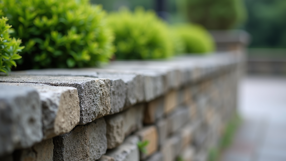 Close-up view of natural stone retaining wall blocks with greenery