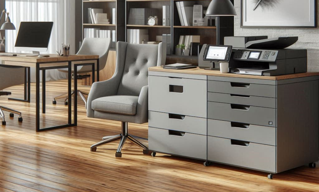 A modern office setting with a focus on a high-quality multifunction printer (MFP) A modern office setting with a focus on a high-quality multifunction printer (MFP) being cleaned and maintained.being cleaned and maintained.