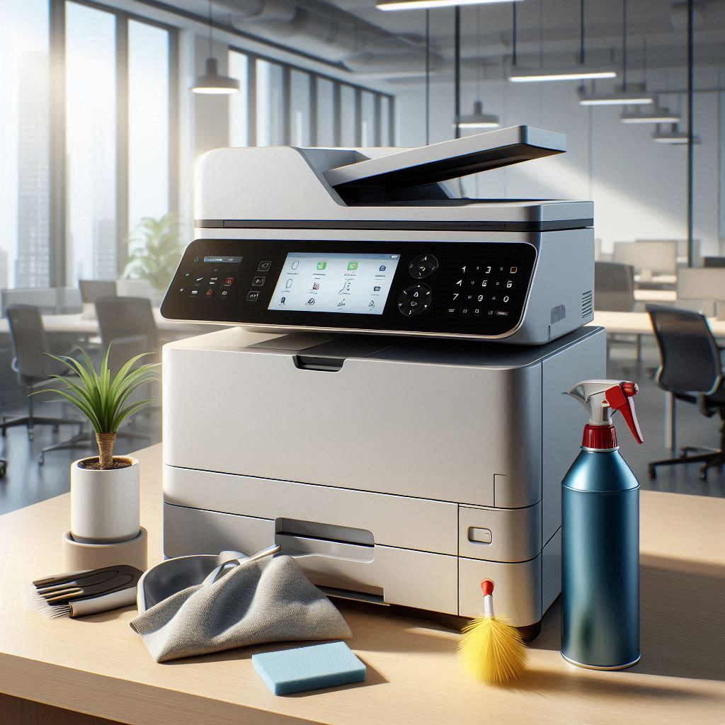 A printer with the supplies to clean it.