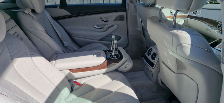 Luxury interior of Mercedes S-Class wedding car with premium leather seats for Christchurch bridal transport.