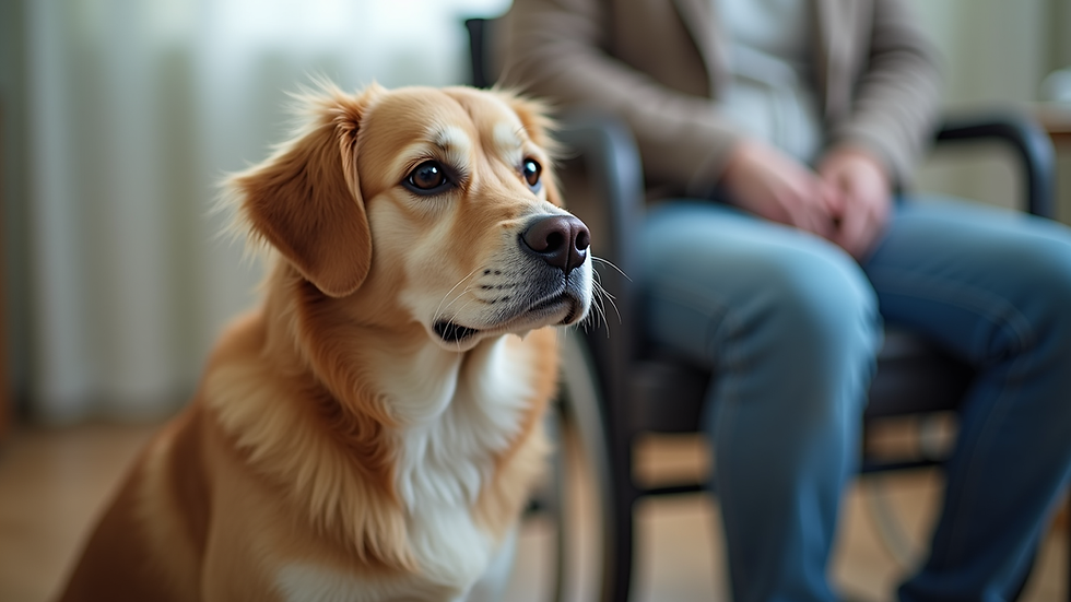 Eye-level view of a therapy dog sitting calmly next to a patient