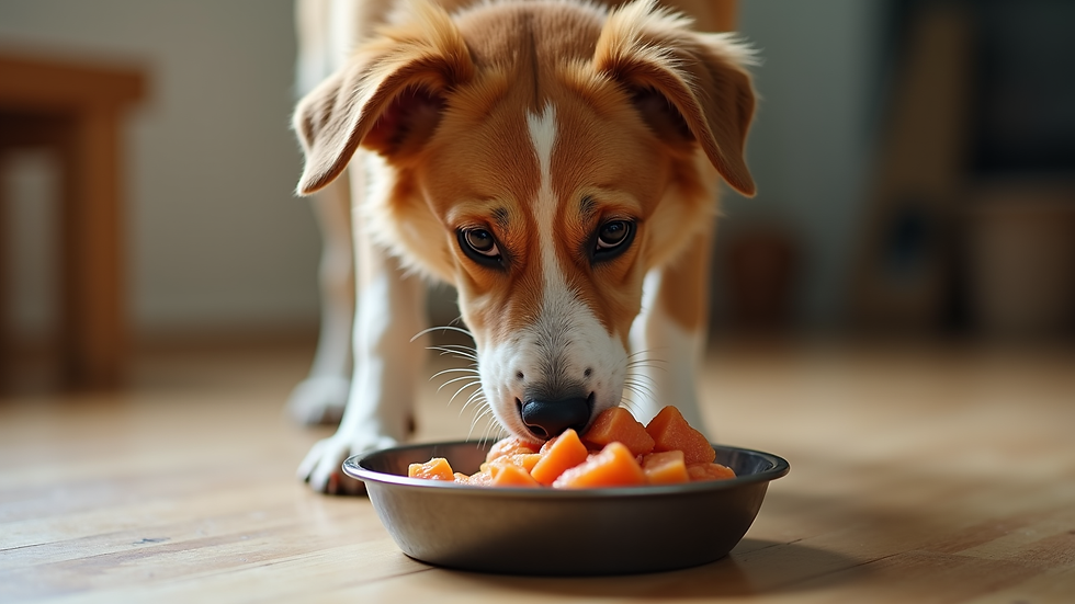 Eye-level view of a dog eating fish-based food from a bowl