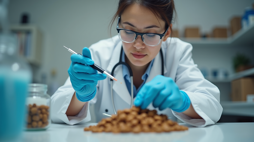 Close-up view of a veterinary dietitian analyzing pet food samples