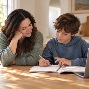 Parent and preteen working together at a kitchen table with a notebook and laptop, illustrating guided AI use and growing independence.