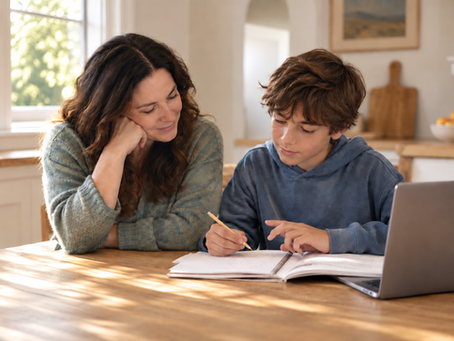 Parent and preteen working together at a kitchen table with a notebook and laptop, illustrating guided AI use and growing independence.