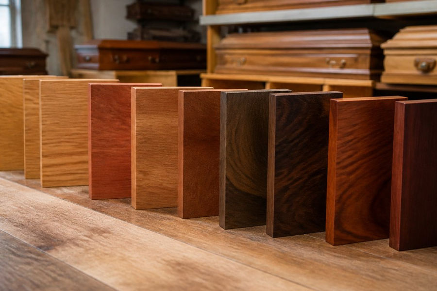 Close-up of wood grain patterns and natural color variations in oak, cherry, walnut, and mahogany wood samples with different finishes under warm lighting