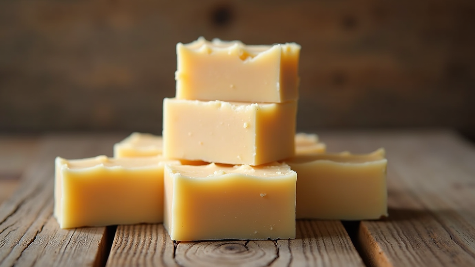 Eye-level view of handmade soap bars stacked on rustic wooden surface