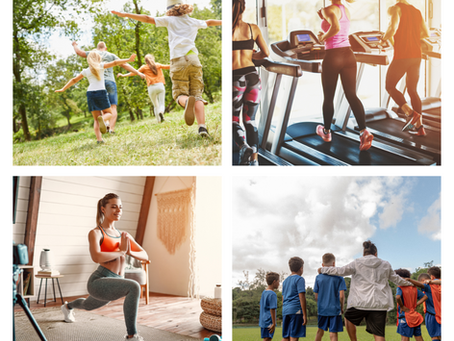 Square grid containing 4 different images of adults being active: - top right: active families - top left: active in the gym - bottom right: active yoga at home - bottom left: playing soccer with kids on a field