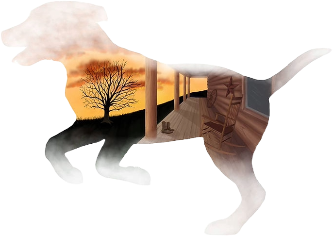 Silhouette of a dog containing a sunset scene with a tree and a porch with a rocking chair and boots, conveying calmness and nostalgia.