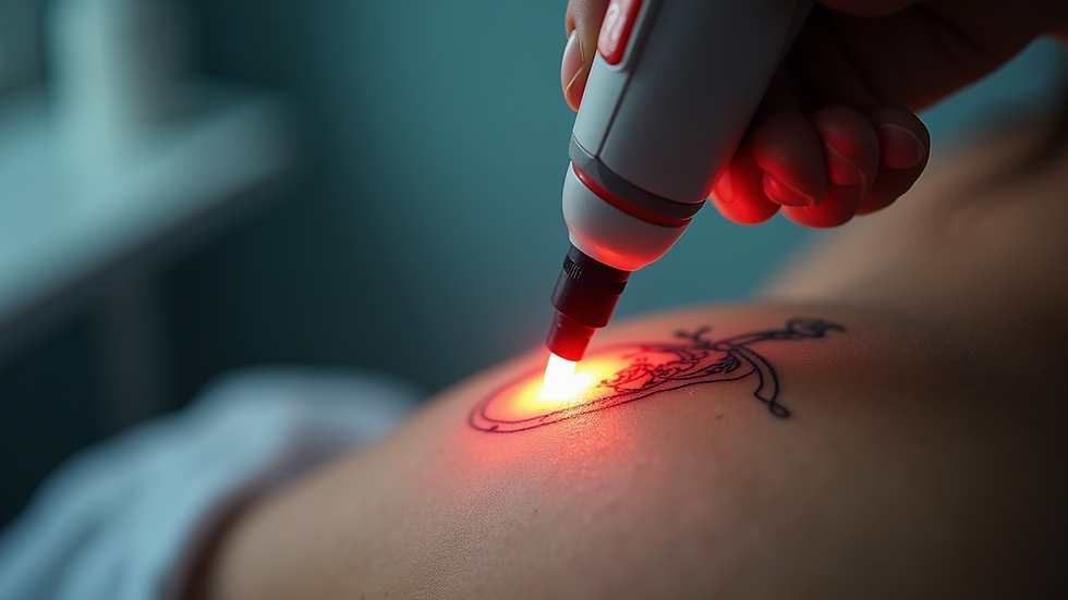 Close-up view of laser device targeting tattoo on skin