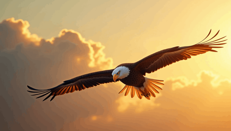 Bald eagle soaring across a golden sky with outstretched wings East Beast.