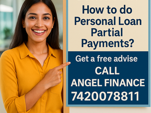 Smiling woman in mustard shirt points at a sign about personal loan payments. 