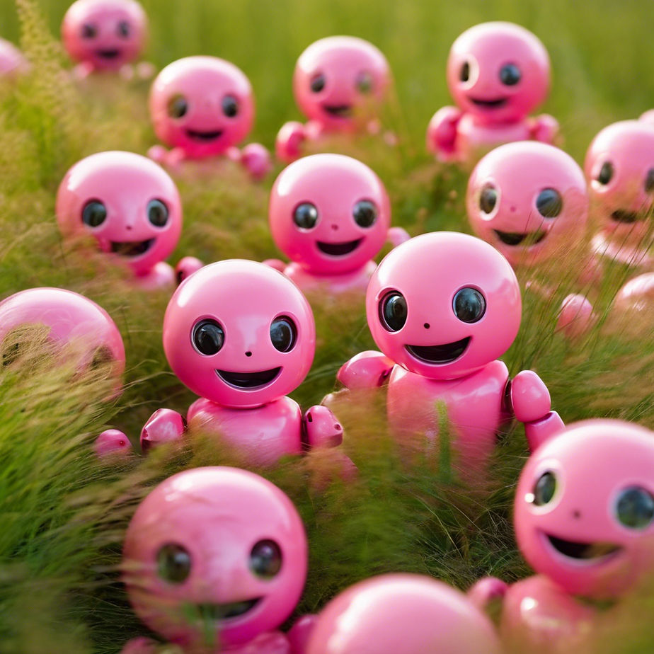 closeups of cheerful shiny smiling round baby robot faces molded from pink plastic in a f