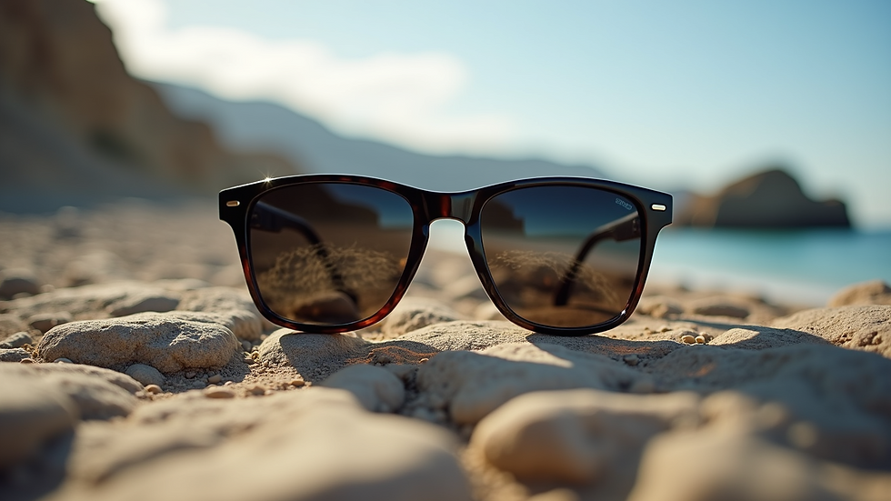 Eye-level view of polarized sunglasses on a rocky outdoor surface