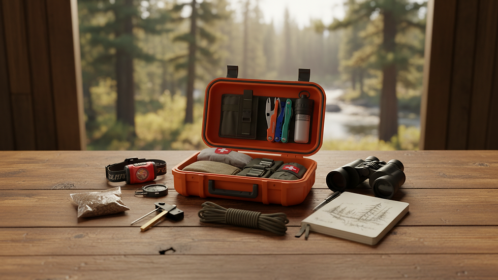 Eye-level view of a compact survival kit laid out on a wooden table