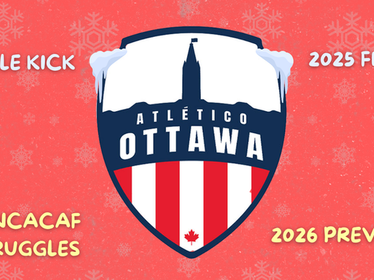 Logo of Atletico Ottawa's shield with a red snowy background