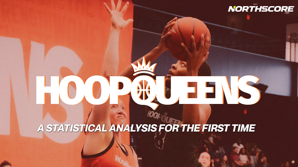 Two female basketball players meeting at the rim with the words Hoopqueens on a center title