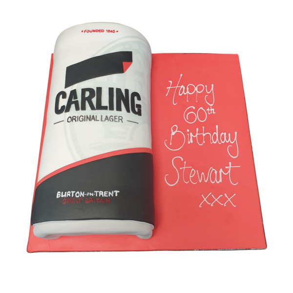 Delicious and unique Carling Can-shaped cake, perfect for beer lovers and special occasions.