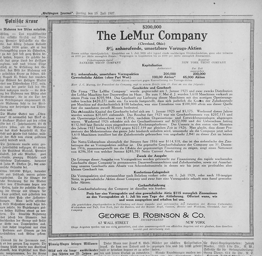 LeMur Company 1927 newspaper advertisement Cleveland Ohio describing permanent wave machines business structure and stock capitalisation