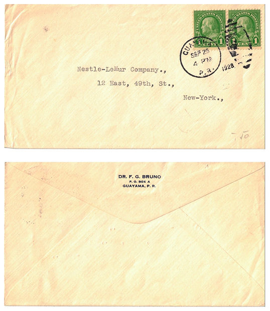 Vintage envelope addressed to the Nestlé–LeMur Company in New York, postmarked September 1928 from Guayama, Puerto Rico, with US postage stamps and typed company address.
