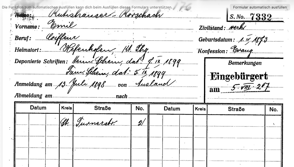 Einwohnerkontrollkarte von Emil Rutishauser mit Anmeldung am 13. Juli 1898 aus dem Ausland sowie Wohnadresse Turnerstrasse 2 in Winterthur.