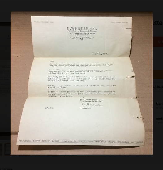 Nestle-LeMur Company letter, September 8, 1928 (New York / Cleveland). The document explicitly refers to a “present combination between the Nestle Co. and LeMur Company.”
Source: Digital image of a historical document offered via a non-verifiable online marketplace; preserved through screenshot documentation.