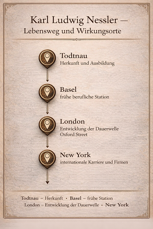 Der Lebensweg von Karl Ludwig Nessler – vom Schwarzwald über Basel und London bis nach New York, wo seine Erfindung der Dauerwelle die Friseurwelt veränderte.