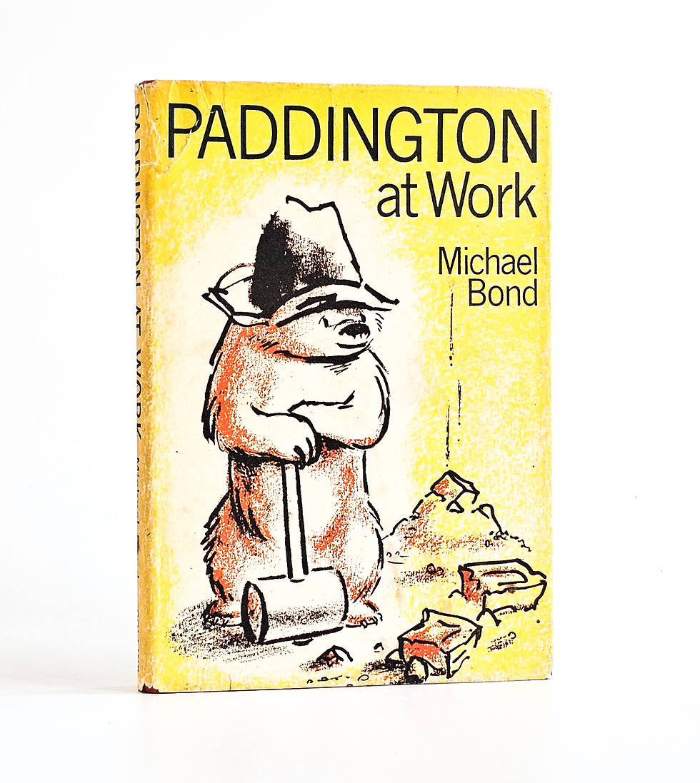 Dust jacket of Paddington at Work by Michael Bond, first edition, Collins 1966, designed by Peggy Fortnum