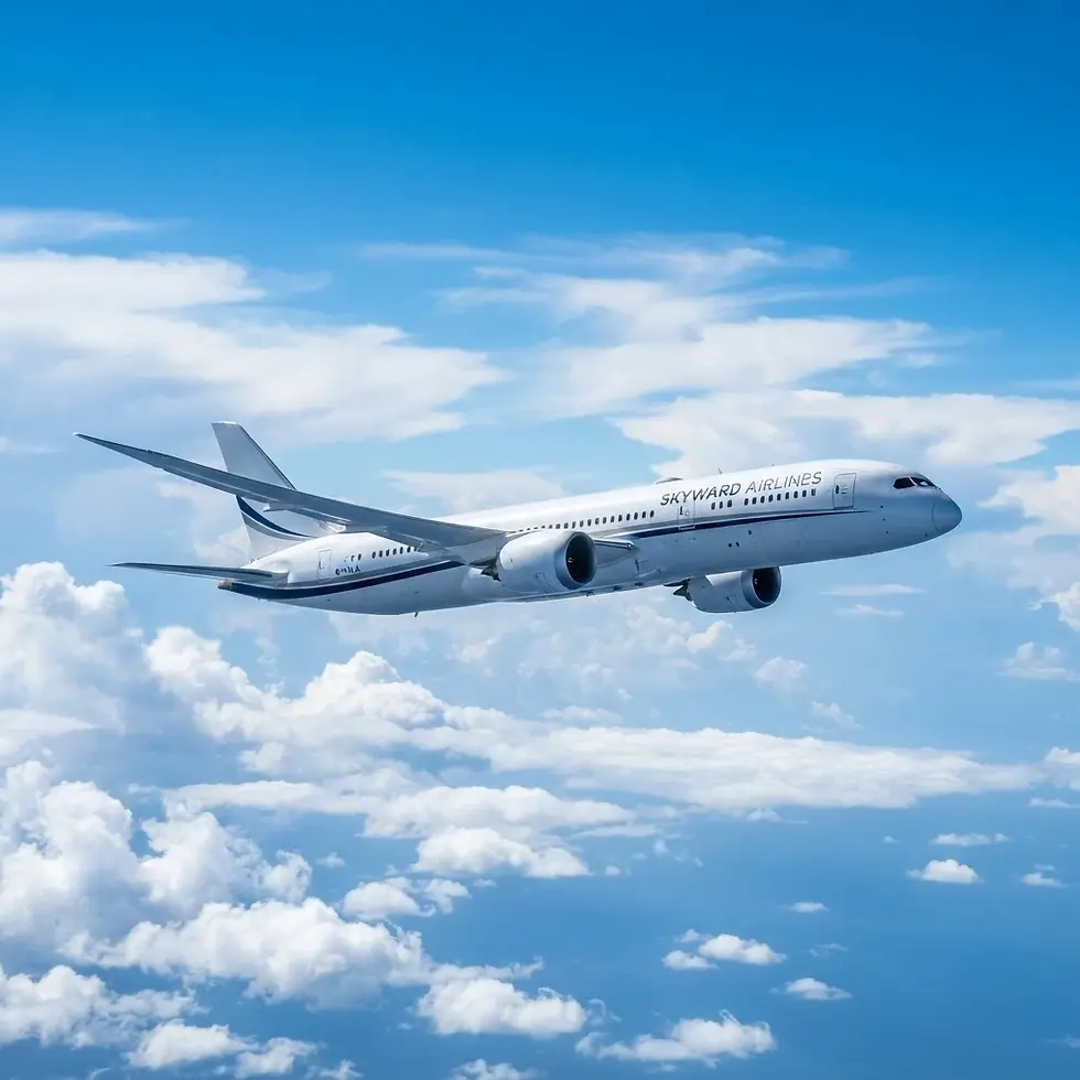Commercial photography of a United Airlines airplane in mid-flight, soaring through a bright blue sky filled with white clouds.