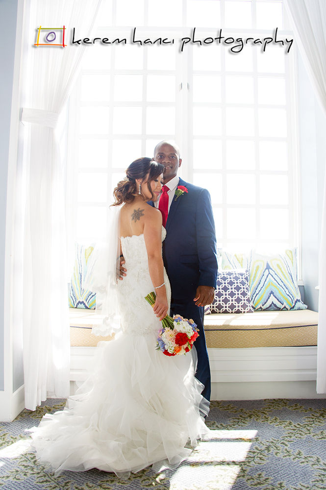 Bride and Groom Portrait at the Portofino Marina & Hotel Lobby