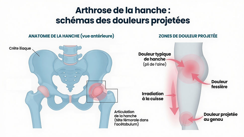 Schéma des zones de douleur et d'irradiation dans l'arthrose de hanche