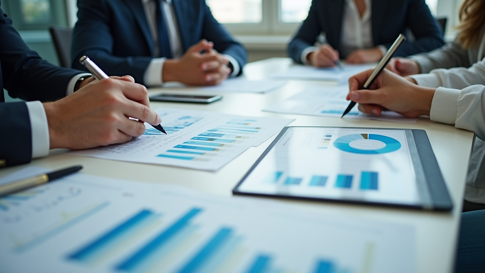 High angle view of a business meeting with charts and workforce planning documents