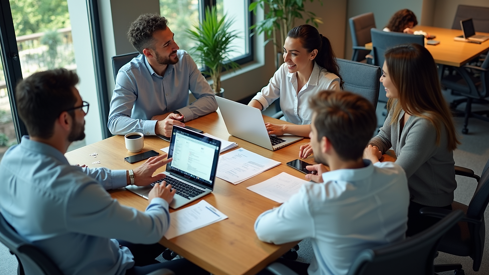 High angle view of a team collaborating around a conference table with laptops and documents